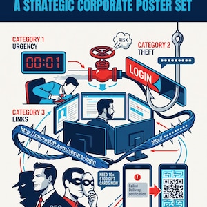 Könnte beinhalten: Ein Phishing-Awareness-Poster mit fünf Kategorien von Cyber-Bedrohungen. Die Grafiken zeigen eine Digitaluhr, ein rotes Ventil, einen Angelhaken mit Login-Schild, Computermonitore, eine CEO-Silhouette und ein Smartphone mit einem QR-Code.