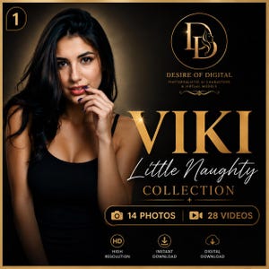 Può includere: Un elenco di prodotti digitali con una donna dai capelli scuri che indossa un top nero. Il testo include: Desire of Digital, VIKI Little Naughty COLLECTION, 14 PHOTOS, 28 VIDEOS, HD High Resolution, Instant Download, Digital Download.