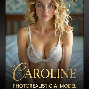 Può includere: Un pacchetto di personaggi digitali che presenta una persona bionda fotorealistica con capelli mossi che indossa un bralette in pizzo bianco. L'immagine include le etichette di testo: Photorealistic AI Character, 18+ Adult Content, Caroline, Photorealistic AI Model, AI Character Pack e Desire Of Digital.
