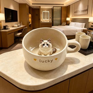 May include: A large, cream-colored ceramic mug featuring a small, three-dimensional cat figurine sitting at the bottom. The exterior of the mug is decorated with the word "lucky" in brown text, flanked by two small, yellow heart icons on either side.