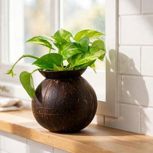 May include: A round, dark brown coconut shell planter with a smooth, polished finish and subtle horizontal etched lines. The planter holds a vibrant green pothos plant with variegated heart-shaped leaves that spill over the rounded rim.