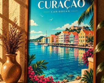 May include: A framed travel poster featuring a vibrant illustration of Curaçao, Caribbean, with colorful colonial buildings along a blue waterfront, palm fronds, and pink flowers. The text CURAÇAO CARIBBEAN is printed in white at the top of the artwork.