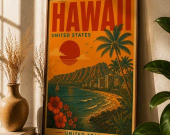 May include: A framed travel poster featuring the text HAWAII UNITED STATES. The artwork depicts a sunset over a coastal landscape with palm trees, a mountain range, a beach, and a sailboat on the water, accented by large red hibiscus flowers.