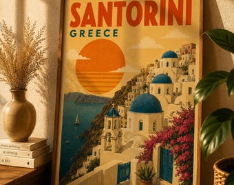 Santorini Greece Travel Poster | Vintage Mediterranean Coastal Wall Art (Digital Download)