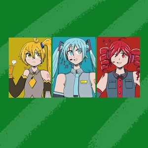 May include: A digital illustration featuring three anime-style characters in separate rectangular panels. The left panel shows a yellow-haired character, the centre panel a teal-haired character, and the right panel a red-haired character.