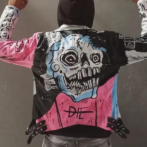 Lil Peep Custom Leather Jacket – Never Say Die Street Art | Hand painted Rap Biker Jacket | Grunge Emo Hip Hop Gift | Men Women Unisex