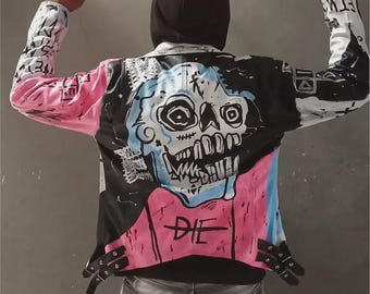 Jaqueta de couro personalizada do Lil Peep – Arte de rua "Never Say Die" | Jaqueta de couro estilo motoqueiro pintada à mão | Presente grunge, emo e hip hop | Unissex