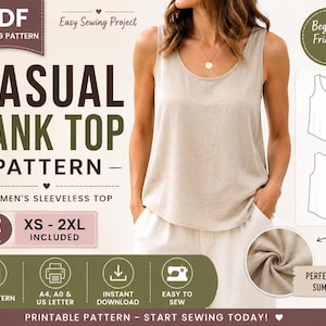 Mönster för enkel linne för kvinnor i PDF-format | Mönster för ärmlös casual topp | Storlek XS-2XL inklusive | Direkt nedladdning | Nybörjarvänligt gör-det-själv