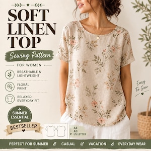Puede incluir: Un patrón de costura para una blusa de lino suave en color beige con un delicado estampado floral rosa y verde. El diseño incluye mangas cortas, cuello redondo y un ajuste relajado. El texto incluye SOFT LINEN TOP, Sewing Pattern y A4 A0 US LETTER.