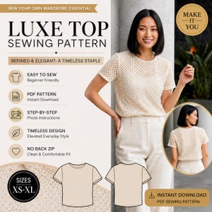 Puede incluir: Un patrón de costura para una blusa de manga corta con cuello redondo y tela texturizada calada. El patrón incluye etiquetas de texto para tallas XS-XL, formato PDF e instrucciones fotográficas paso a paso para un ajuste cómodo.