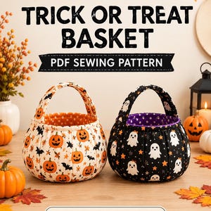 May include: Two fabric trick or treat baskets with handles. One basket features a white background with orange pumpkins and black bats, the other is black with white ghosts and orange stars. Text reads TRICK OR TREAT BASKET PDF SEWING PATTERN.