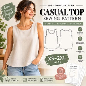 May include: A PDF sewing pattern for a sleeveless casual top in sizes XS-2XL. The document includes front and back technical line drawings, instructions for printing on A4 or US letter paper, and a visual guide for a woven fabric garment.