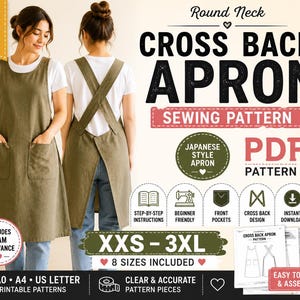 Round Neck Cross Back Apron Sewing Pattern PDF | Japanese Pinafore Apron | Beginner Sewing Pattern | XXS-3XL | A0 A4 US Letter | Instant Dow