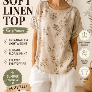Può includere: Un top beige a maniche corte con una delicata stampa floreale, caratterizzato da uno scollo rotondo e maniche con risvolto. L'immagine include il testo: SOFT LINEN TOP, For Women, BREATHABLE & LIGHTWEIGHT, ELEGANT FLORAL PRINT, RELAXED EVERYDAY FIT, SUMMER ESSENTIAL, BESTSELLER.