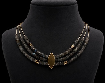 3-reihiges Labradorit-Collier, 45 cm, facettierte Edelsteine, vergoldetes 925 Sterlingsilber