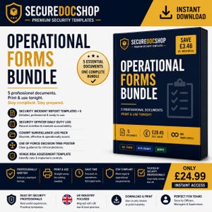 Könnte beinhalten: Eine dunkelblaue und gelbe digitale Produktanzeige für ein SecureDocShop Operational Forms Bundle. Sie enthält ein 3D-Box-Modell, eine Liste von fünf professionellen Sicherheitsdokumenten und Text, einschließlich Instant Download und £24.99.