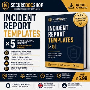 Könnte beinhalten: Eine digitale Produktwerbung für SecureDocShop Vorlagen für Vorfallberichte. Die Grafik verwendet ein dunkelblaues und goldenes Farbschema und zeigt ein Buchcover mit dem Text Incident Report Templates, 5 professional reports und einem goldenen Siegel.