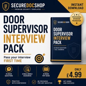 Peut inclure: Un document numérique Door Supervisor Interview Pack avec une couverture bleu foncé et du texte doré. Le texte indique Door Supervisor Interview Pack, 25 Mock Questions + Full Answers et SecureDocShop. Inclut un badge circulaire doré et une cible.