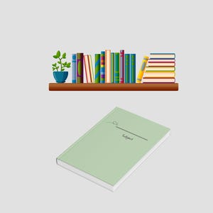 May include: A light green notebook with a small heart icon and the word Subject printed on the cover, positioned below a brown shelf holding a potted green plant and a collection of various colorful books arranged vertically and horizontally.
