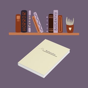 May include: A cream-colored book with the word Mathematics printed on the cover, positioned below a wooden shelf containing several books labeled Horror, Fiction, and Biography, along with a small brown potted plant featuring a white heart icon.