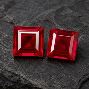 Puede incluir: Dos piedras preciosas de color rojo vibrante con corte cuadrado y superficies facetadas que reflejan la luz. Las piedras presentan una forma geométrica nítida con líneas claras y simétricas y un color carmesí saturado.