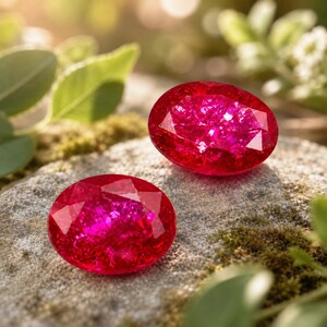 Könnte beinhalten: Zwei ovale, facettierte Edelsteine mit einer leuchtend tiefroten Farbe und einer rissigen Innenstruktur. Die Steine haben eine hochglänzende Oberfläche mit zahlreichen dreieckigen Facetten, die das Licht reflektieren und funkeln.