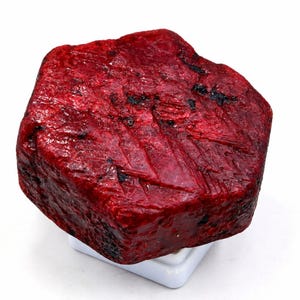 May include: A raw, hexagonal ruby crystal with a deep red colour and a textured, uneven surface. The stone features visible dark inclusions and natural striations across its top face, resting on a small, square white display stand.