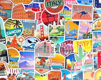 50pcs Vintage Travel Sticker Pack, Retro City Landmark Postcard Stickers, World Trip Vinyl Decals for Laptop Water Bottle Journal Gift