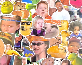 Puede incluir: Una colección de varias pegatinas de memes de internet con diversos personajes, animales y personas con rostros expresivos. El surtido incluye a Shrek, varios perros, gatos y figuras humanas con textos como Gibby didn't like that.