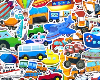 50pcs Cartoon Vehicle Sticker Pack, Cute Transportation Car Plane Train Stickers, Colorful Vinyl Decals for Laptop Water Bottle Journal Gift