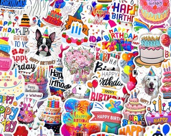 50pcs Birthday Sticker Pack, Happy Birthday Cake Balloon Party Stickers, Celebration Vinyl Decals for Laptop Water Bottle Journal
