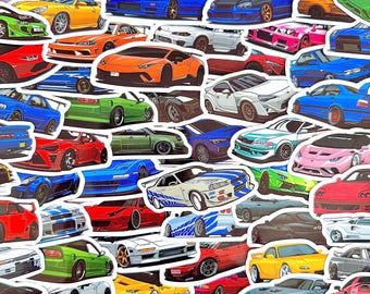 50pcs JDM Sports Car Sticker Pack, Drift Racing Vehicle Stickers, Street Tuner Vinyl Decals for Laptop Water Bottle Journal Gift