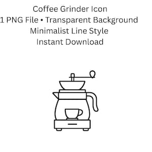Może przedstawiać: Czarno-biała, minimalistyczna ikona graficzna młynka do kawy. Obraz zawiera tekst: "Coffee Grinder Icon", "1 PNG File", "Transparent Background", "Minimalist Line Style" i "Instant Download".
