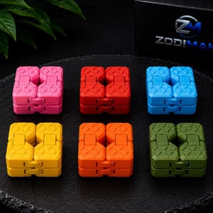 Puede incluir: Seis juguetes fidget cuadrados en rosa, rojo, azul, amarillo, naranja y verde oliva. Cada juguete presenta una superficie texturizada con patrones geométricos y un diseño plegable articulado. Se ve una caja negra con el texto ZODIMAK.