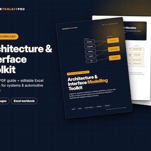 May include: A digital Architecture & Interface Toolkit featuring a 27-page PDF guide and Excel workbook. The dark blue cover displays the title, diagrams, and text including "ENGINEERTOOLKITPRO" and "Architecture & Interface Modelling Toolkit."