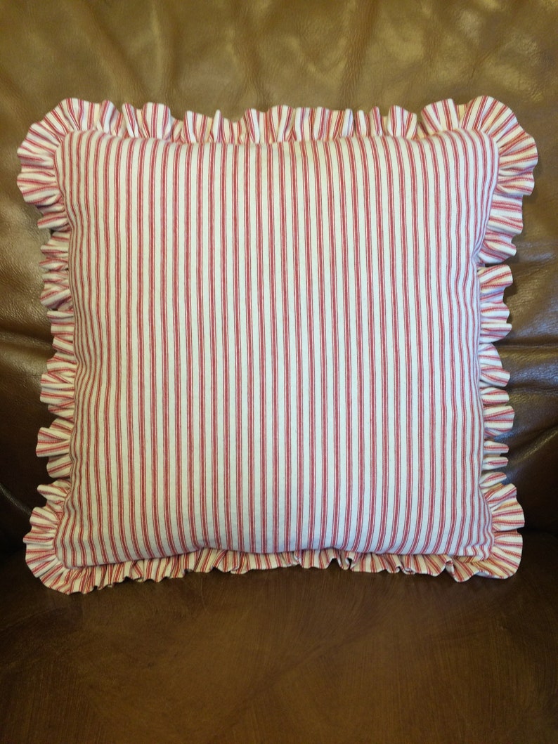 Red Ticking Pillow With Ruffled Edge Etsy