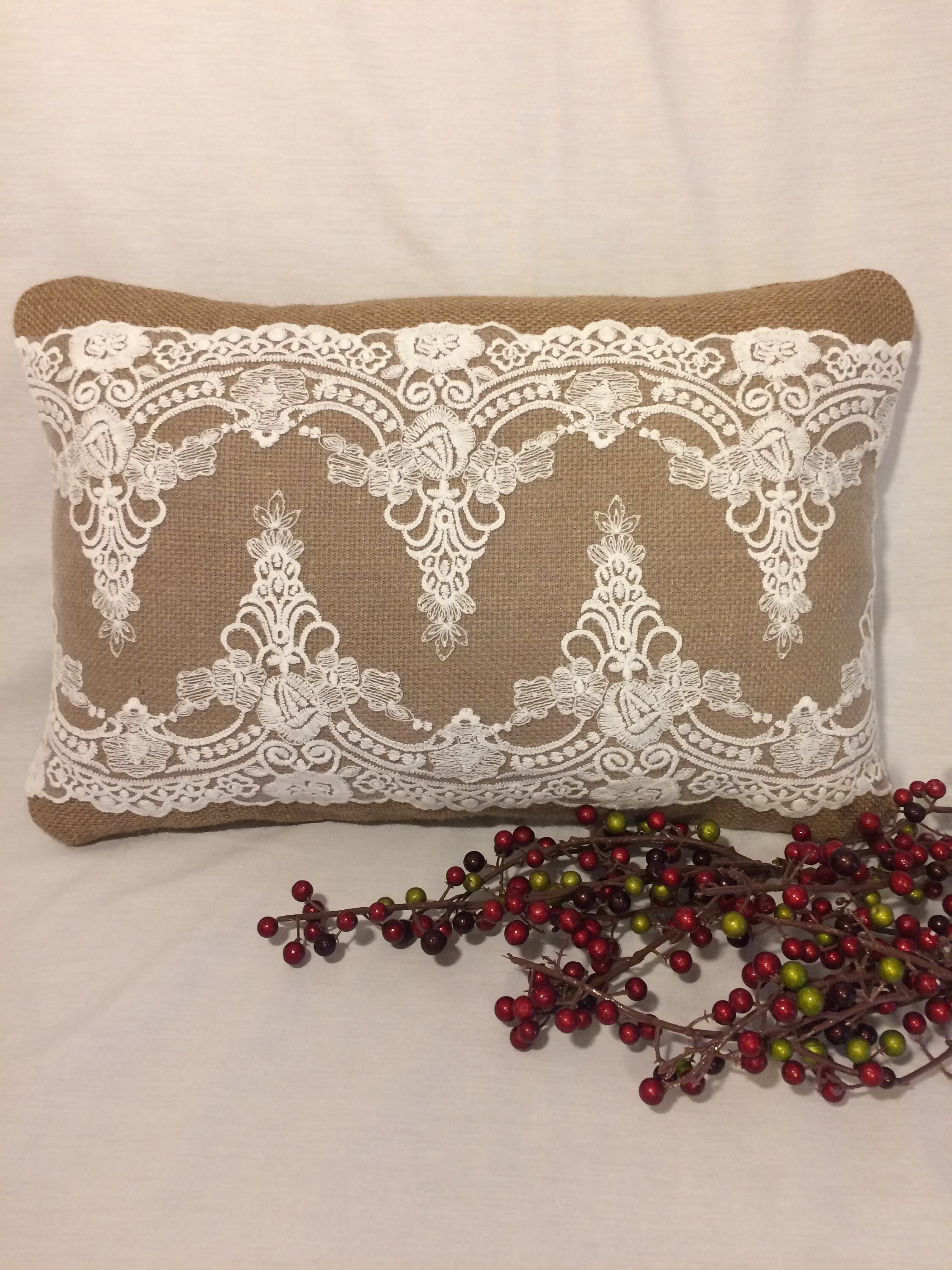 Burlap Pillow With Lace Embellishment Etsy