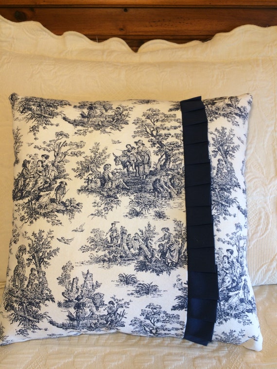 Blue Toile Pillow With Pleated Ruffle Toile Cushion Shabby Etsy
