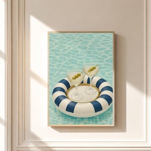 Poolside Martini Float Framed Wall Art, Pastel Summer Cocktail Canvas Print, Bar and Pool House Decor, Gift for Hosts and Martini Lovers