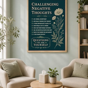 CBT Therapy Poster | Challenging Negative Thoughts, Reframing Questions (Digital Download)