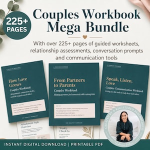 May include: A teal Couples Workbook Mega Bundle with over 225 pages of guided worksheets, relationship assessments, conversation prompts, and communication tools. The bundle includes three workbooks: "How Love Grows", "From Partners to Parents", and "Speak, Listen, Love".