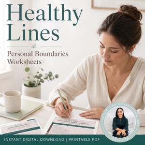 Puede incluir: Una persona escribe en una hoja de trabajo con el texto "Healthy Lines" y "Personal Boundaries Worksheets". La imagen incluye una taza, un bolígrafo y el texto "INSTANT DIGITAL DOWNLOAD | PRINTABLE PDF."