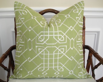 Spring green linen pillow cover with white embroidered pattern - 18 x 18 inch