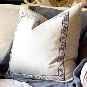 Oatmeal linen with pewter and taupe greek key trim pillow cover, 20 x 20 and 22 x 22 inch available, neutral pillow cover, greek key trim image 2