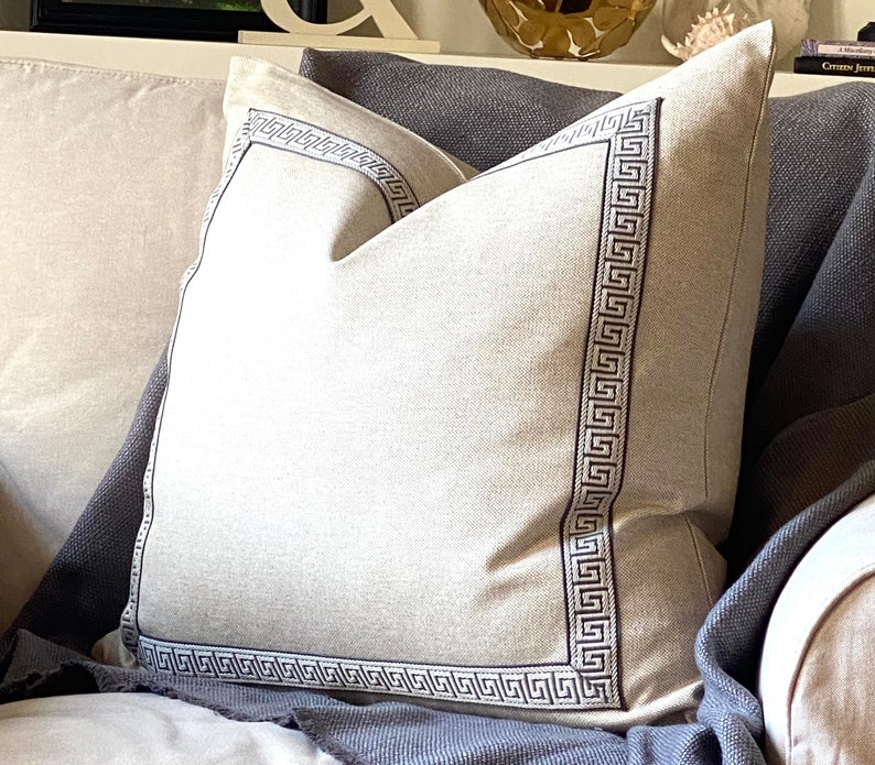 Oatmeal linen with pewter and taupe greek key trim pillow cover, 20 x 20 and 22 x 22 inch available, neutral pillow cover, greek key trim image 2