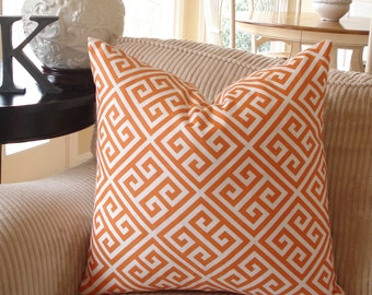 Orange and white greek key cotton pillow cover- 20 x 20 inch - FREE SHIPPING