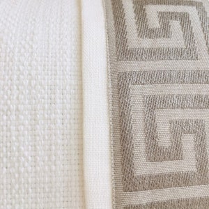 Greek key pillow cover. Ivory lumbar pillow cover with center panel of taupey grey greek key trim. 12 x 20 image 2