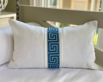 Blue and white greek key trim pillow cover. 12 x 20 inch rectangle.