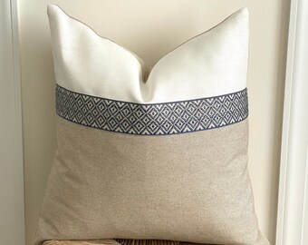 Pillow cover with blue trim, ivory and oatmeal linens, blue and taupe flat trim on color block pillow cover, 20 x 20