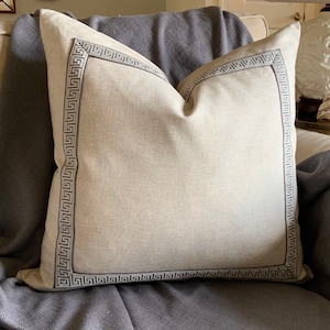 Oatmeal linen with pewter and taupe greek key trim pillow cover, 20 x 20 and 22 x 22 inch available, neutral pillow cover, greek key trim image 1
